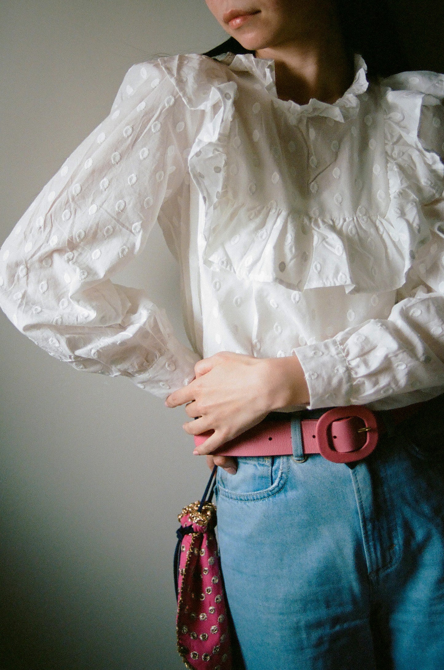 Semi sheer blouse with ruffled trims